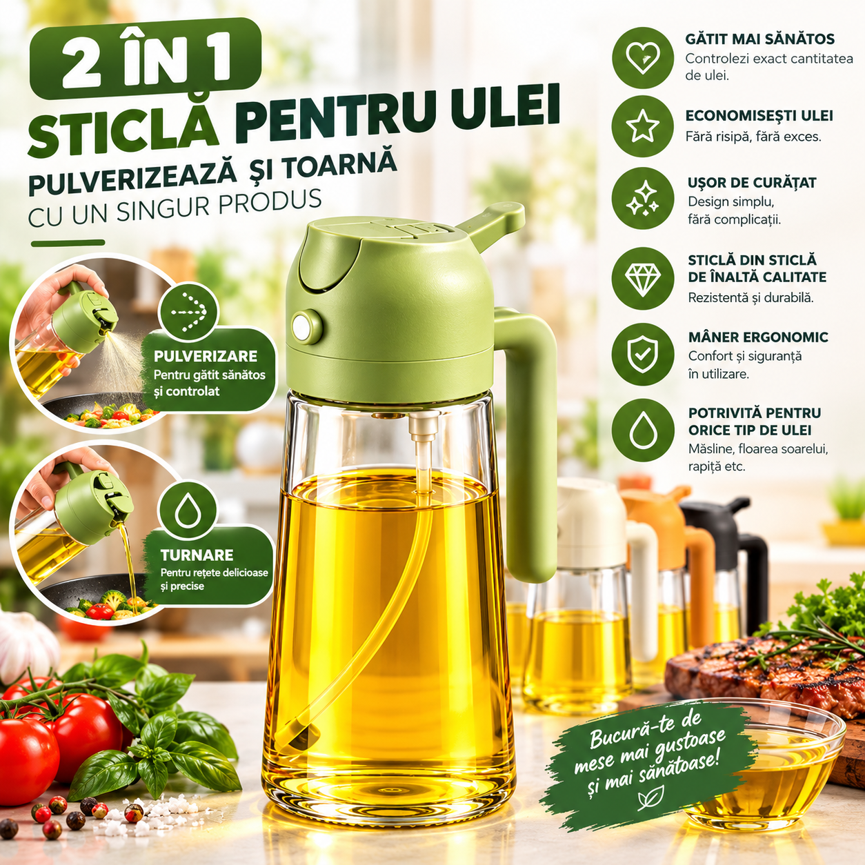 Sticlă 2 în 1 pentru bucătărie cu pulverizator fin și dozator