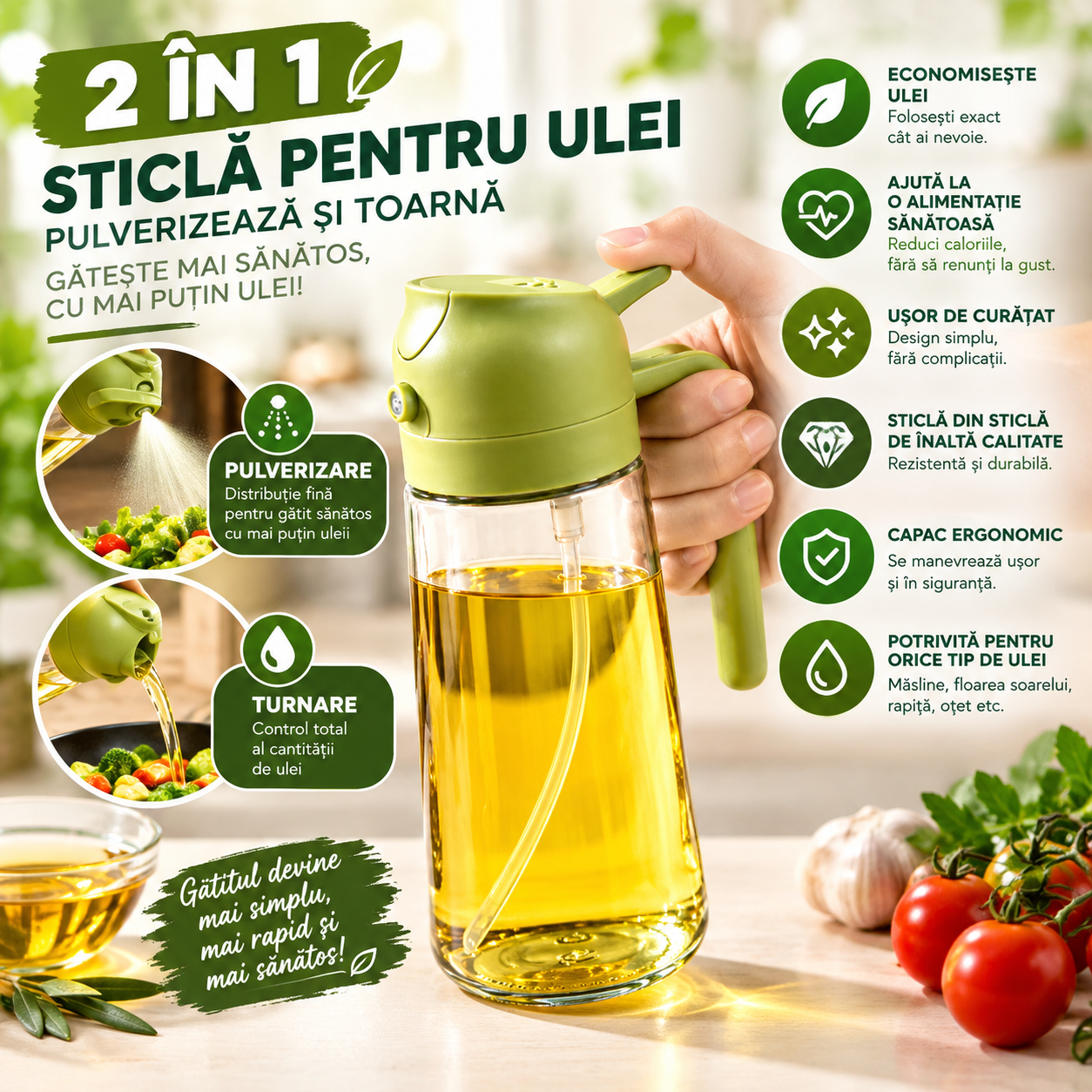 Sticlă 2 în 1 pentru bucătărie cu pulverizator fin și dozator