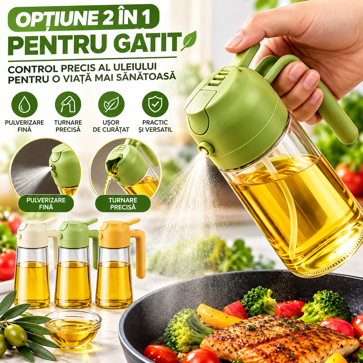 Sticlă 2 în 1 pentru bucătărie cu pulverizator fin și dozator